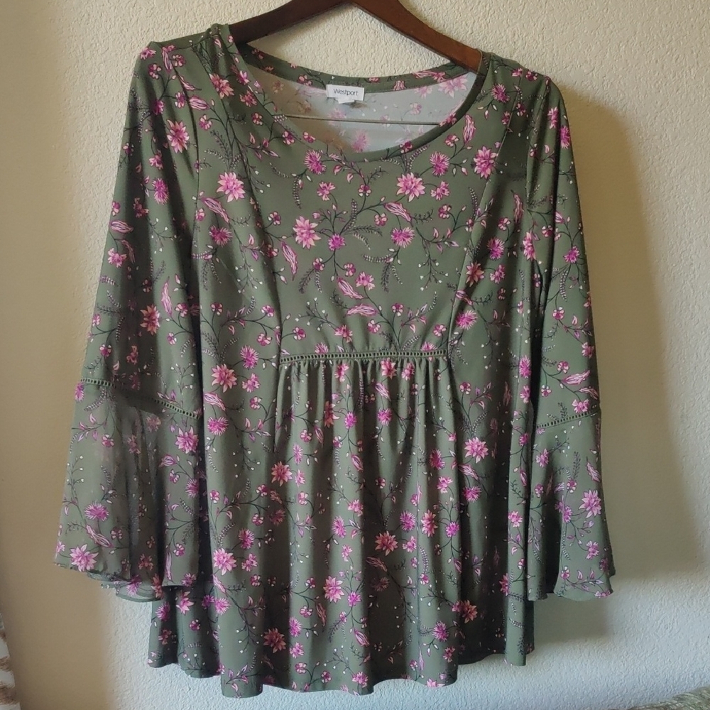 Woman Within Green Floral Blouse with Pink Flowers